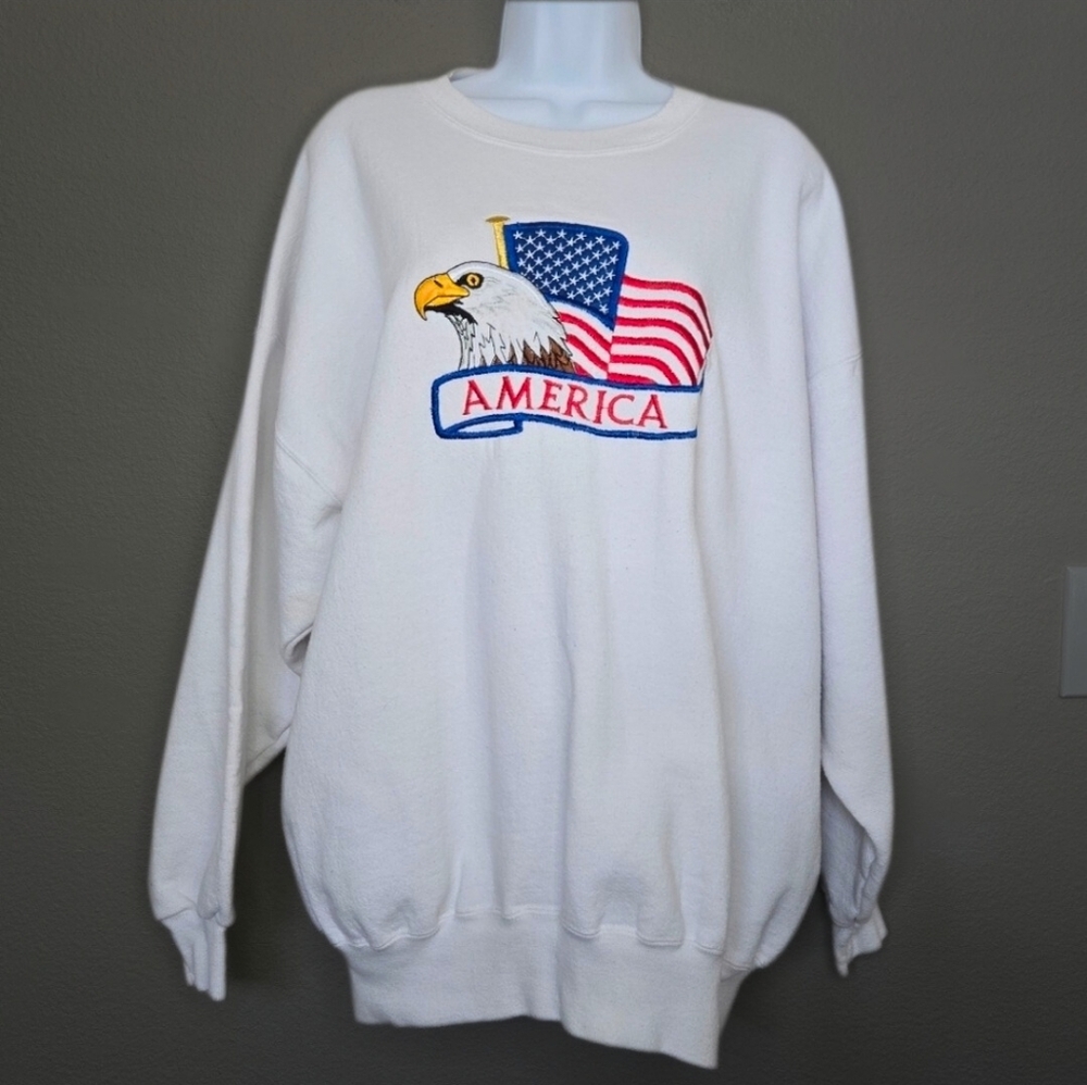 BWear 90s USA Embroidered Eagle America Patriot White Sweatshirt Size 2XL - Picture 2 of 16